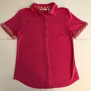 Isaac Mizrahi Pink Button-Up Shirt with Floral Trim Size XS